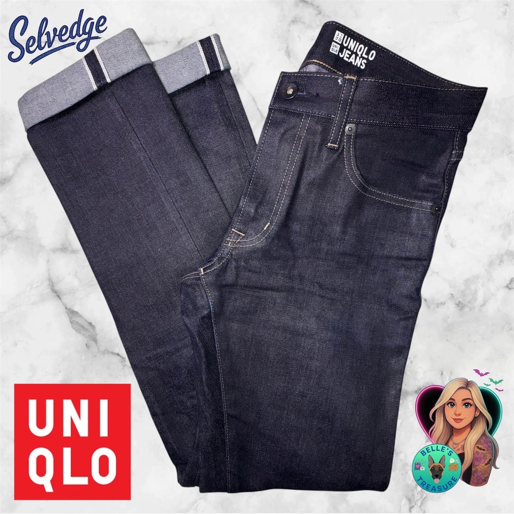 Uniqlo Men's 28x32 Indigo Stretch Selvedge Skinny Fit Jeans Straight Dark Wash
